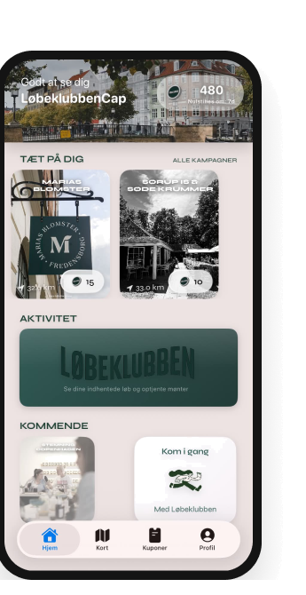 Løbeklubben app-forside med klubmønter og tilbud i nærheden